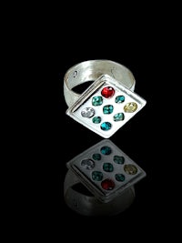 a silver ring with multi colored stones on it